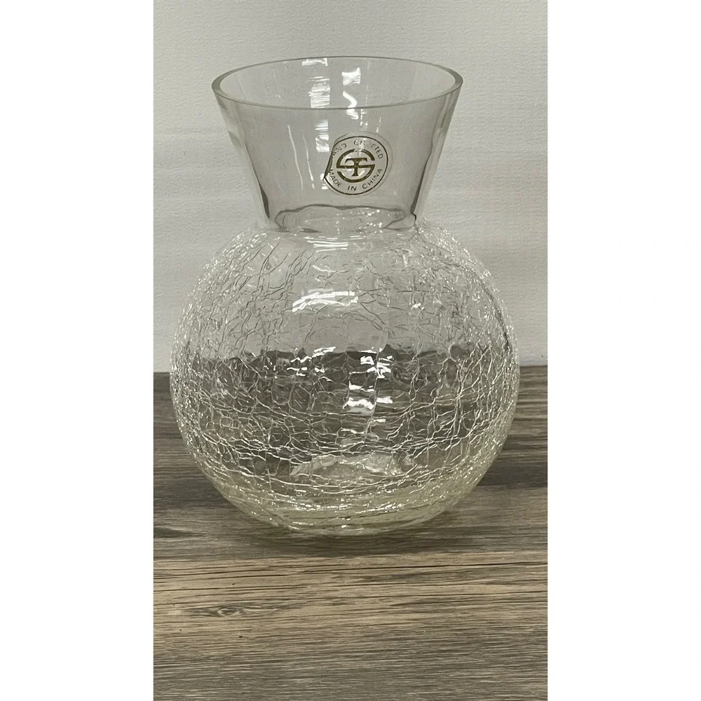 Hand Crafted Clear Crackle Art Glass Vase Round‎ Bulbous Flared Rim 4.5